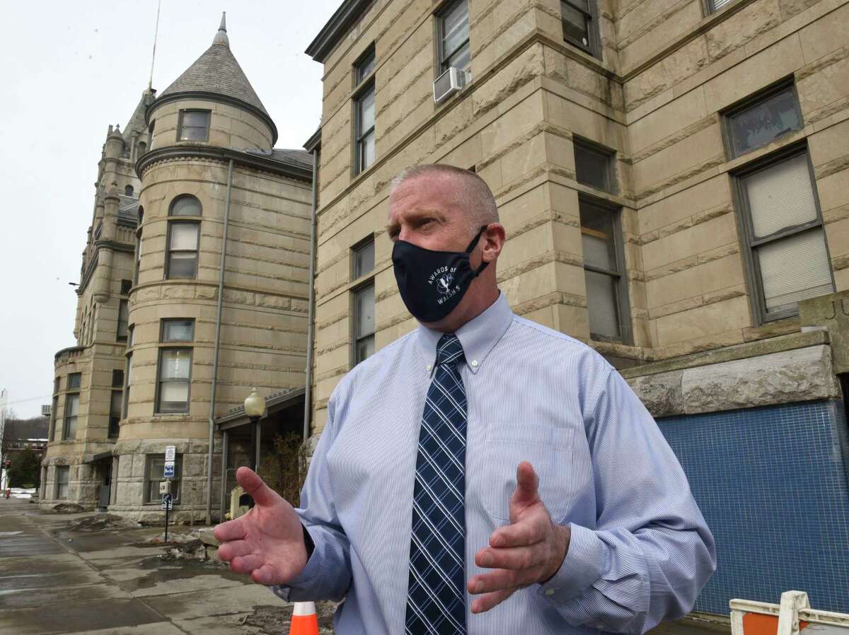 Cohoes Mayor William Keeler talks about replacing 330 window in Cohoes City Hall on Wednesday, Feb. 24, 2021 in Cohoes, N.Y. Some that let in rain and snow and let heat out. (Lori Van Buren/Times Union)