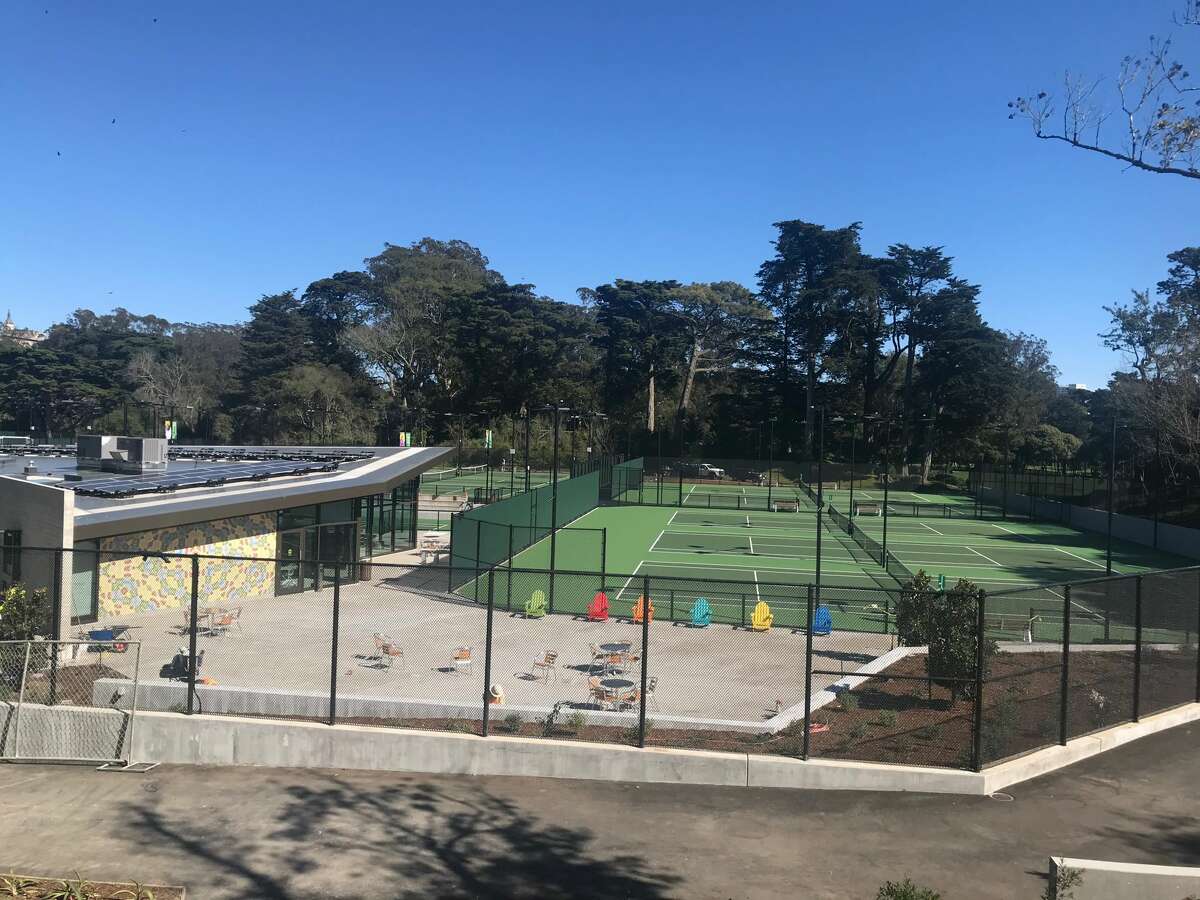 A view of the terrace and tennis courts at the Lisa and Douglas Goldman Tennis Center in Golden Gate Park