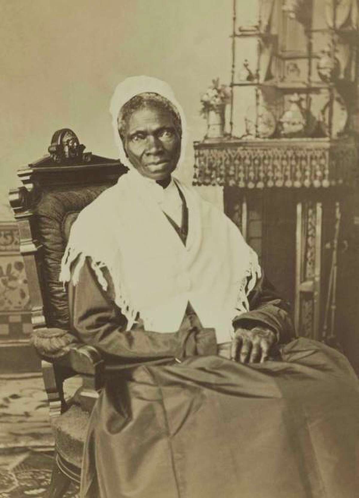 Sojourner Truth is pictured, circa 1870. An ex-slave, she preached against the cruelties of slavery and for human rights for African Americans and women. She lived in Battle Creek, Michigan.
