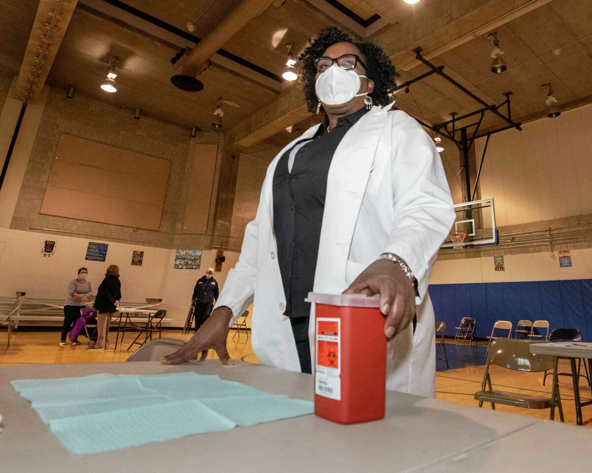 Dr. Brenda Robinson, founder and CEO of the Black Nurses Coalition, at a vaccination clinic at the Arbor Hill Elementary School in Albany, NY, on Saturday, Feb. 27, 2021 (Jim Franco/special to the Times Union.)