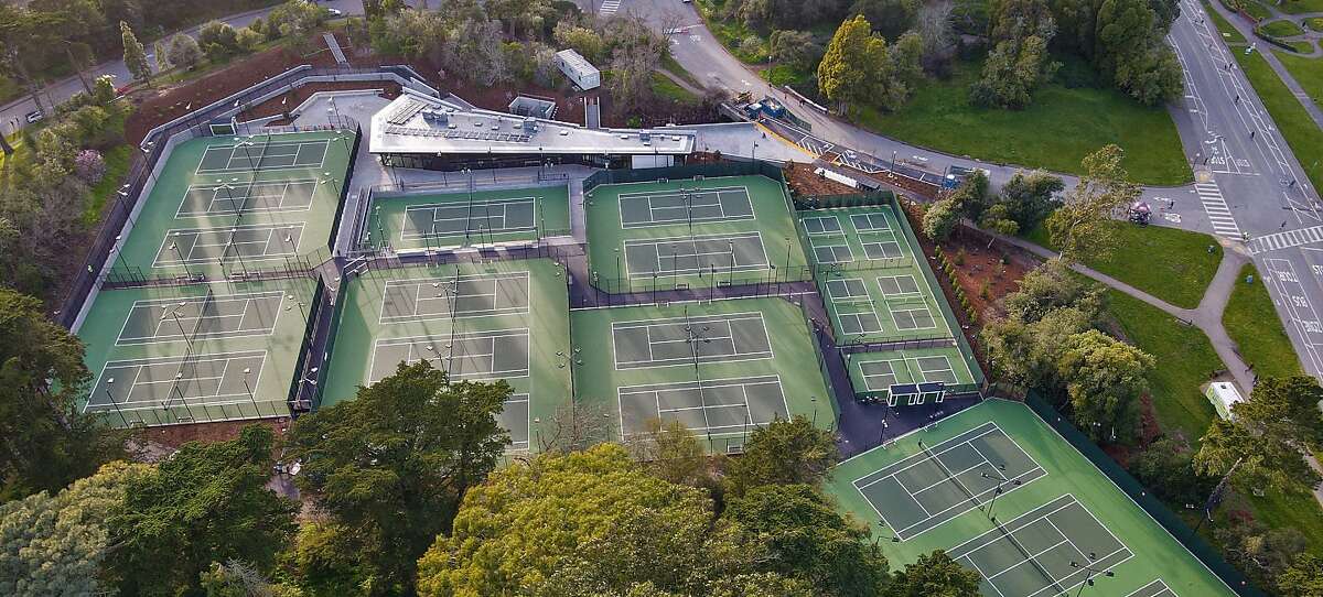 An aerial view of the Lisa & Douglas Goldman Tennis Center in Golden Gate Park.