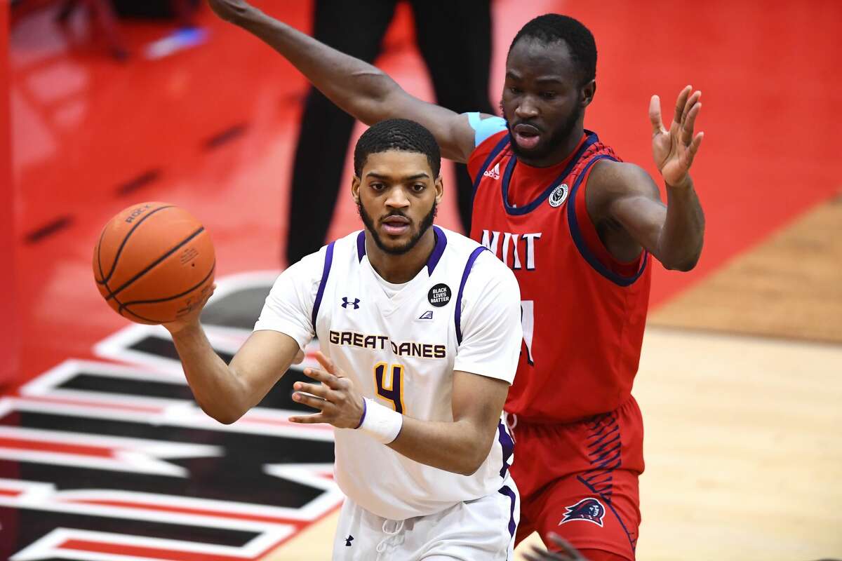 UAlbany forward Jarvis Doles works the low post against NJIT in an America East Tournament game Saturday, Feb. 27, 2021, in Hartford, Conn. Doles scored a team-high 21 points in the Danes' 76-66 victory. (Steve McLaughlin/Hartford Athletics)