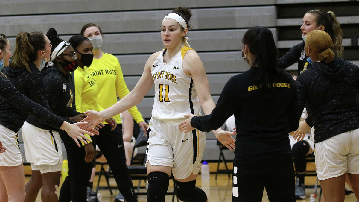 Saint Rose senior forward Nina Fedullo of Amsterdam is introduced before the start of a game against American International on Tuesday, Feb. 23, 2021 at Daniel P. Nolan Gymnasium in Albany.