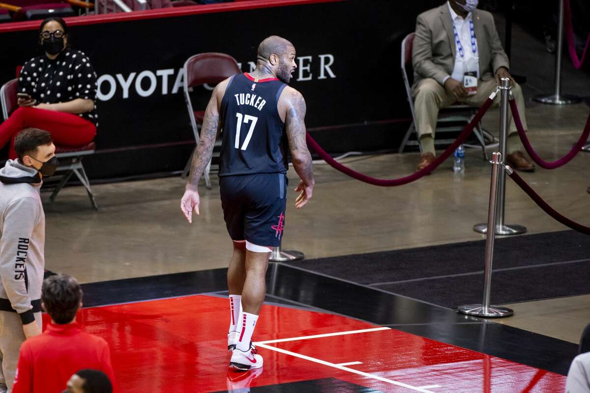 Houston Rockets forward P.J. Tucker (17) walks off of the court at the end of the second quarter of an NBA basketball game between the Houston Rockets and Memphis Grizzlies on Sunday, Feb. 28, 2021, at Toyota Center in Houston.