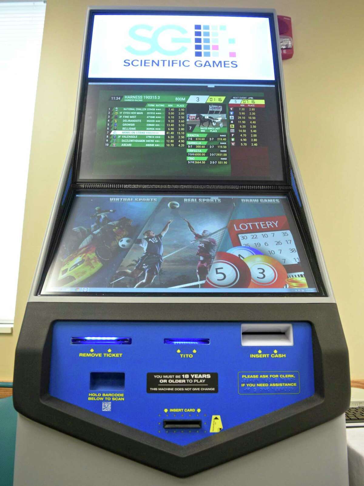 A Scientific Games Self Service Betting Terminal (SSBT) on display at Connecticut Lottery head quarters.