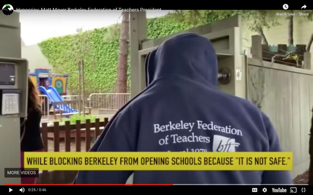 A screengrab from the 45-second clip, titled: "Hypocrisy: Matt Meyer Berkeley Federation of Teachers President."