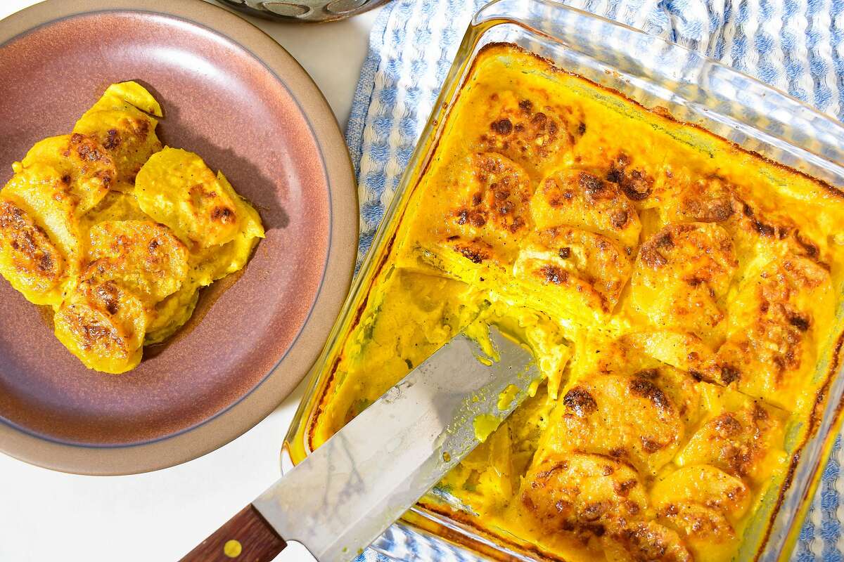 Reminiscent of scalloped potatoes, this creamy dish adds golden beats for a touch of healthfulness.
