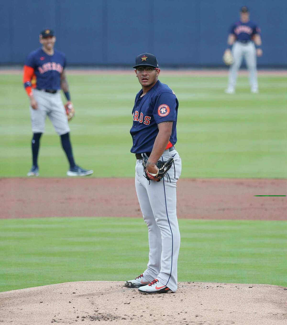 Houston Astros starting pitcher Nivaldo Rodriguez (68) prepares to face Washington Nationals Andrew Stevenson (17) during the first inning of an MLB spring training game at Ballpark of the Palm Beaches in West Palm Beach, Florida, Monday, March 1, 2021.