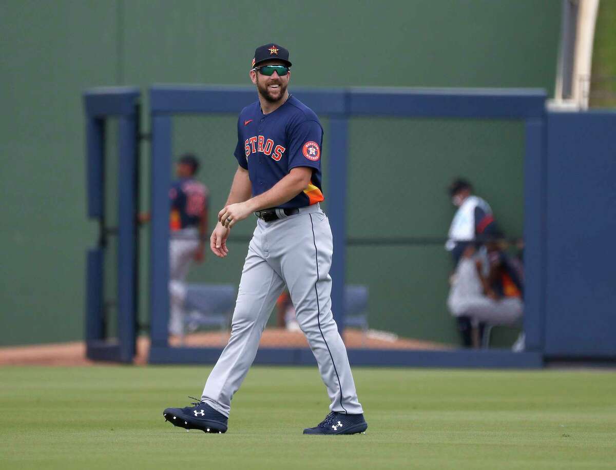 Houston Astros right fielder Steven Souza Jr. (20) before the start of the first inning of an MLB spring training game at Ballpark of the Palm Beaches in West Palm Beach, Florida, Monday, March 1, 2021.