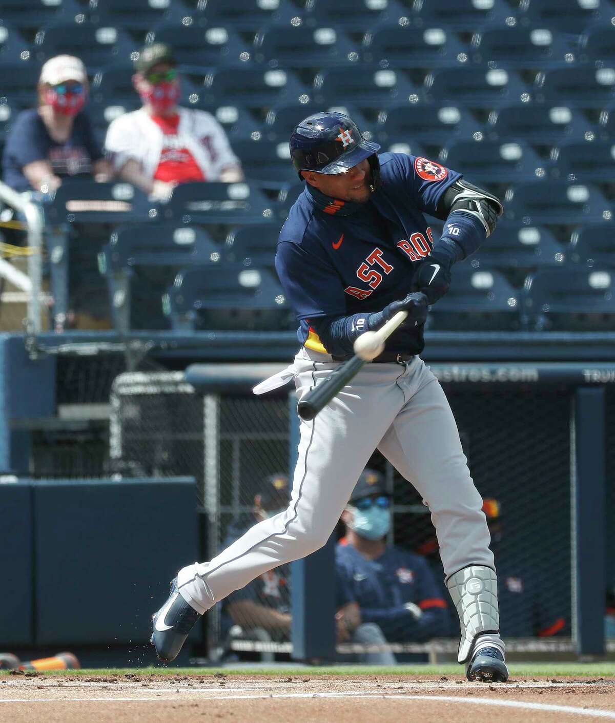 Houston Astros Yuli Gurriel (10) lines out during the first inning of an MLB spring training game at Ballpark of the Palm Beaches in West Palm Beach, Florida, Monday, March 1, 2021.
