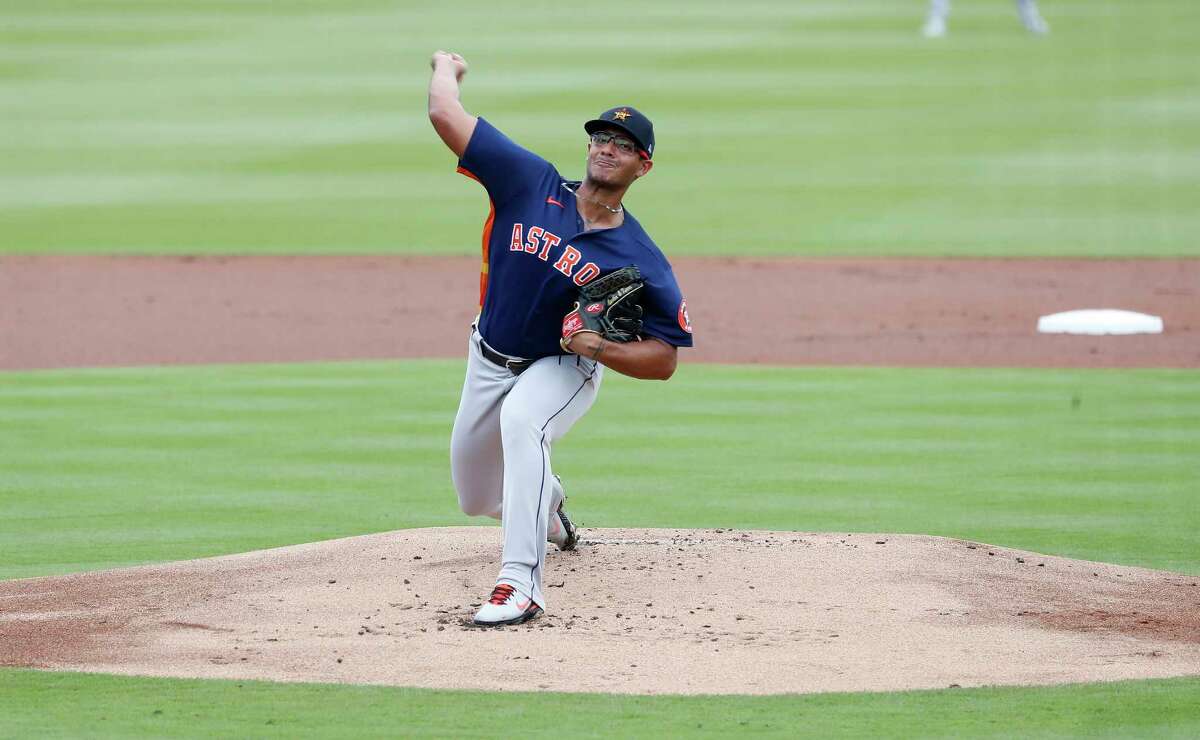 Houston Astros starting pitcher Nivaldo Rodriguez (68) during the first inning of an MLB spring training game at Ballpark of the Palm Beaches in West Palm Beach, Florida, Monday, March 1, 2021.