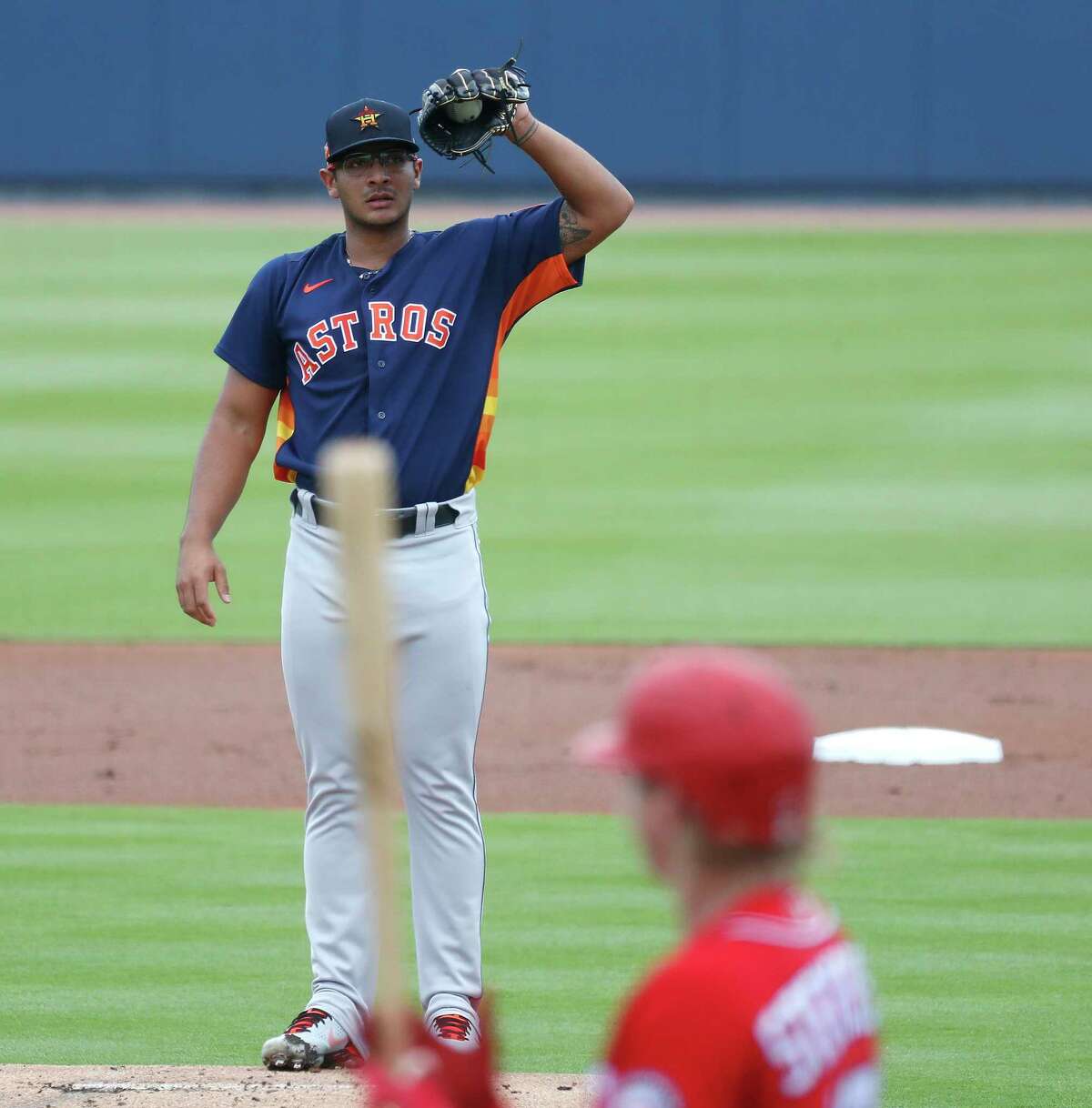 Houston Astros starting pitcher Nivaldo Rodriguez (68) prepares to face Washington Nationals Andrew Stevenson (17) during the first inning of an MLB spring training game at Ballpark of the Palm Beaches in West Palm Beach, Florida, Monday, March 1, 2021.