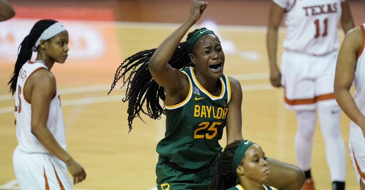 Baylor center Queen Egbo (25) celebrates a score against Texas during the second half of an NCAA college basketball game, Monday, March 1, 2021, in Austin, Texas. (AP Photo/Eric Gay)