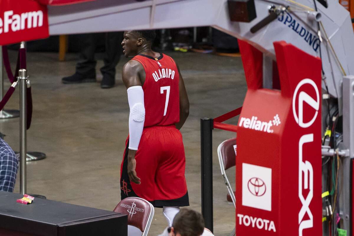Houston Rockets guard Victor Oladipo (7) walks off of the court at the end of the second quarter of an NBA basketball game between the Houston Rockets and Cleveland Cavaliers on Monday, March 1, 2021, at Toyota Center in Houston.