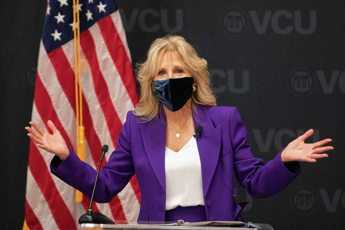 US First Lady Jill Biden speaks before a panel discussion on cancer research and care at the Massey Cancer Center at Virginia Commonwealth University in Richmond, Virginia on February 24, 2021. (Photo by Ryan M. Kelly / AFP) (Photo by RYAN M. KELLY/AFP via Getty Images)