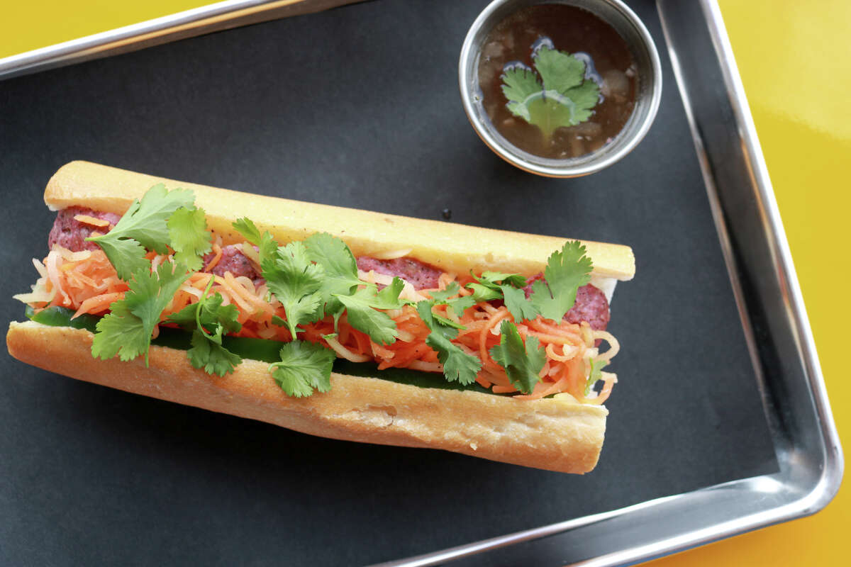 Chinese barbecue pork meatball banh mi at Yelo, a new craft banh mi shop in Katy from Phat Eatery owner Alex Au-Yeung with a menu from Cuc Lam.