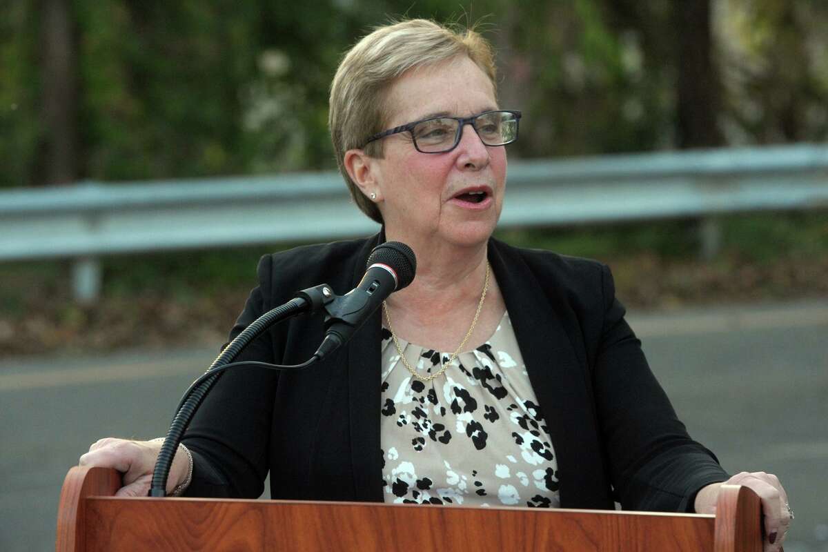 First Selectman Vicki Tesoro speaks at the dedication ceremony for Mary Ellen Way, in front of Jane Ryan Elementary School, in Trumbull, Conn. Nov. 6. 2020.