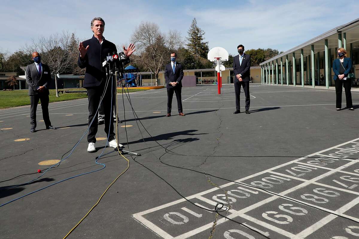 Gov. Gavin Newsom during a press conference at Barron Park Elementary School in Palo Alto. The visit came a day after Newsom announced a deal to provide $6.6 billion to schools.