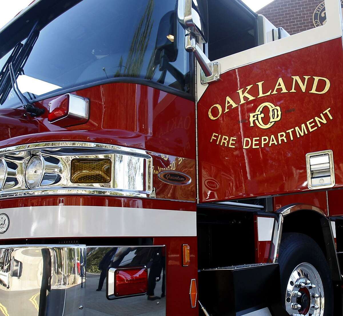 And Oakland Fire Department engine sitting outside a fire station in Oakland, Calif. Oakland firefighters battled a large RV and debris fire that broke out Tuesday near an encampment in West Oakland, according to the Oakland Fire Department.