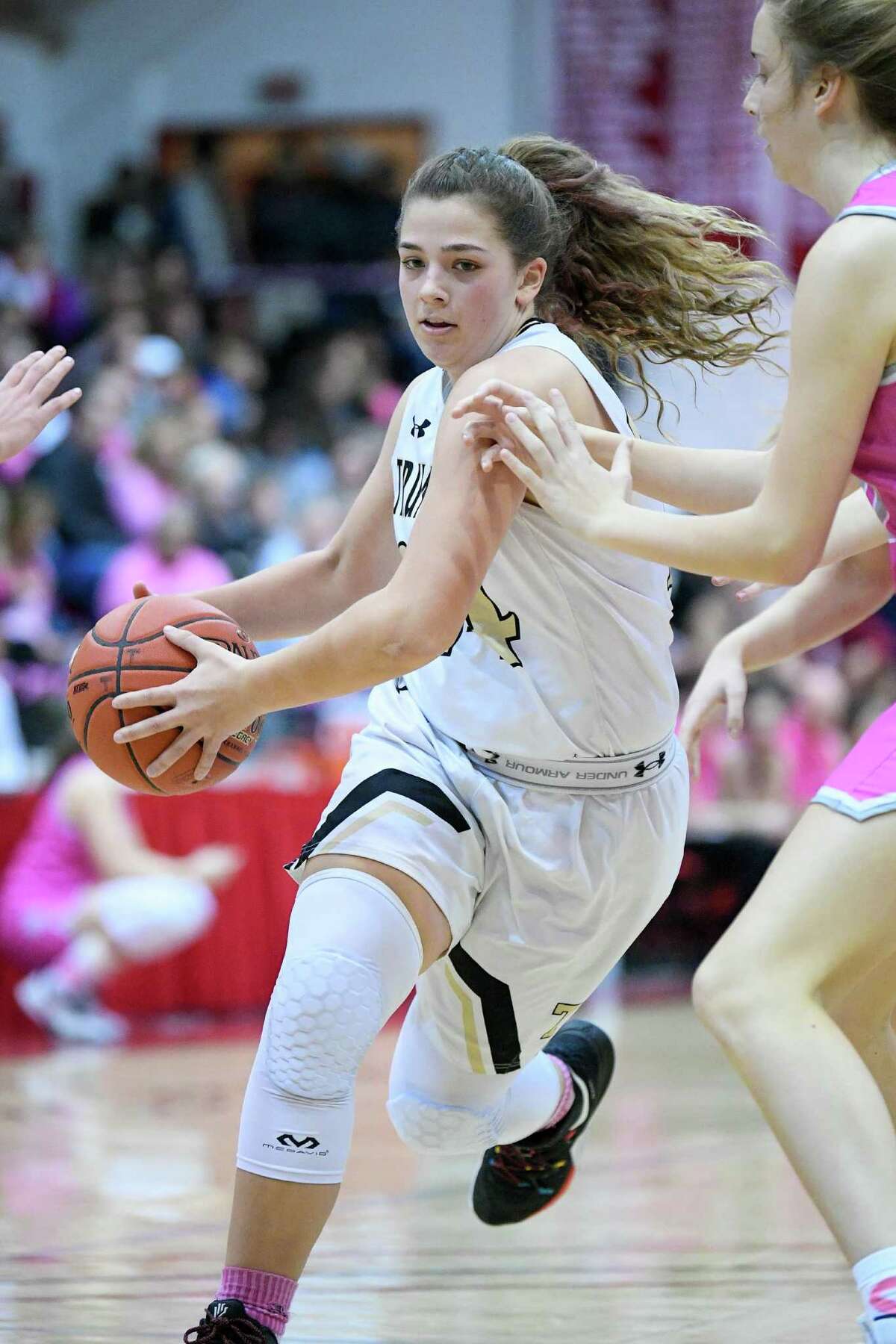 Trumbull High’s Cassi Barbato against St. Joseph in the first game of the Playing for a Cure doubleheader at Fairfield University’s Alumni Hall, Friday, Feb. 7, 2020.