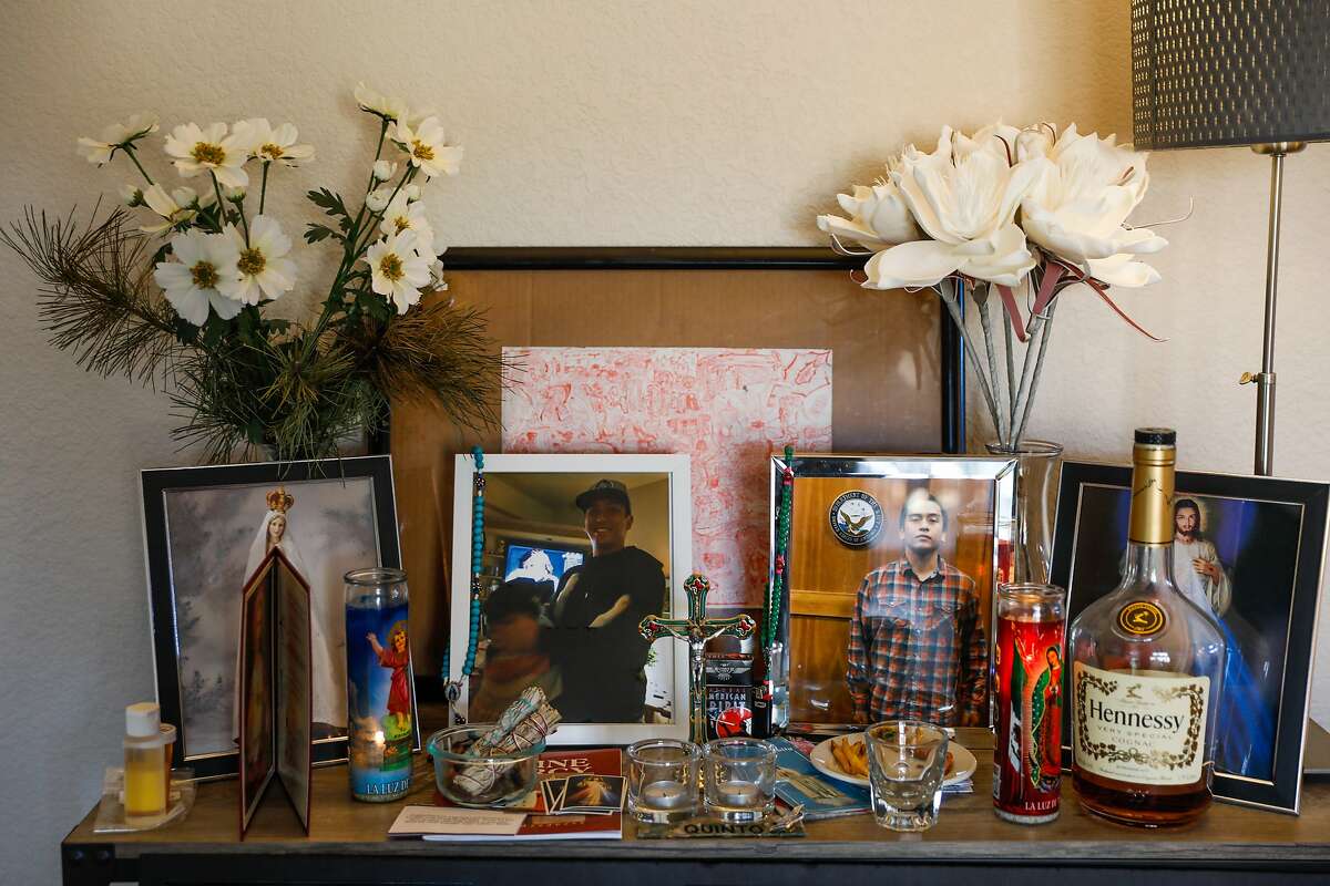 An altar to honor Angelo Quinto is seen in his mothers home on Wednesday, Feb. 17, 2021 in Antioch, California. Angelo Quinto died in Antioch police custody in December and the police did not alert the public about the in-custody death. The family says that the officers placed their knees on his neck for over four minutes until he died.
