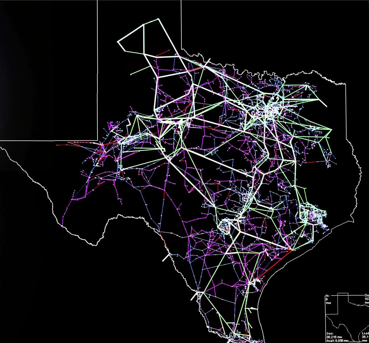A view of the state's grid of transmission lines is monitored in the control room of the Electric Reliability Council of Texas (ERCOT), the state's grid operator on Tuesday, Jan. 30, 2018. (Kin Man Hui/San Antonio Express-News)
