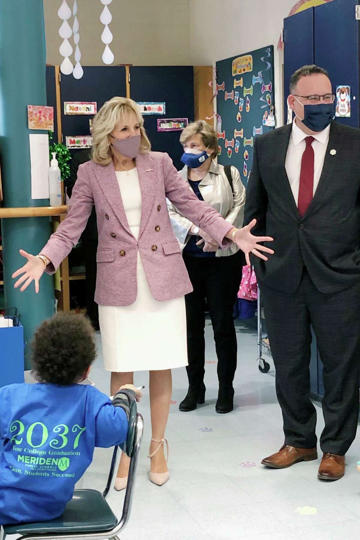 First lady Jill Biden and Education Secretary Miguel Cardona tour Benjamin Franklin Elementary School, Wednesday.