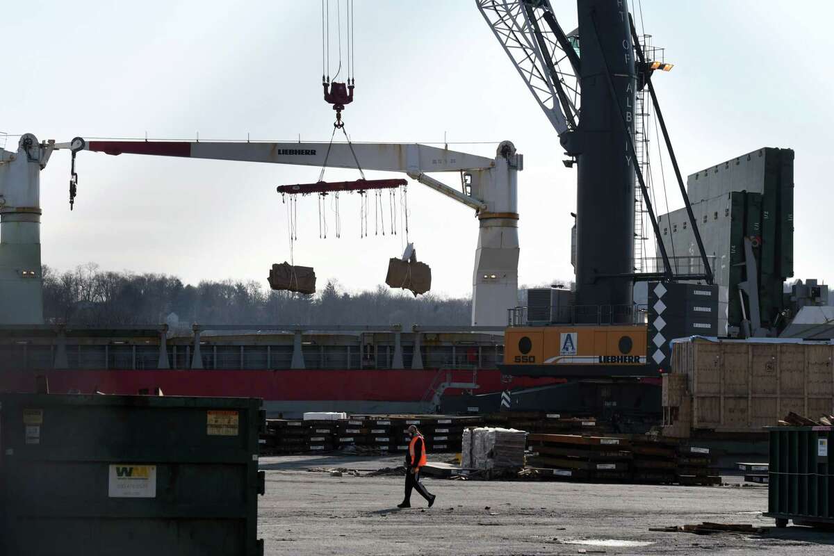 Cargo is unloaded from a vessel at the Port of Albany on Wednesday March 3, 2021, in Albany N.Y. (Will Waldron/Times Union)