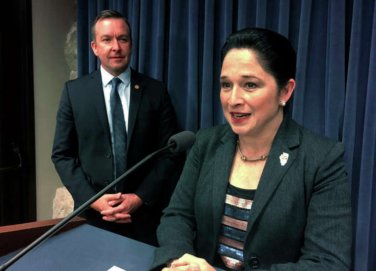 State Comptroller Susana Mendoza, accompanied by former state Sen. Andy Manar, D-Bunker Hill, speaks to reporters at the state Capitol. A debacle that was last week’s attempt to fill the vacancy in the House of Representatives left by the departure of Michael Madigan created curious financial fodder for a legislative pay practice Mendoza has been working for more than a year to end.