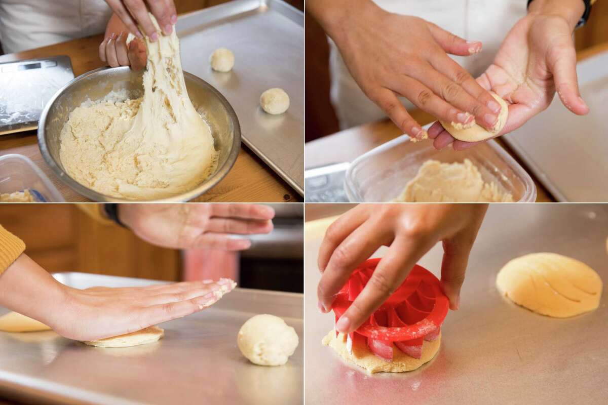Agueda Ulloa bakes conchas, a Mexican sweet bread, in her home oven in Union City, Calif. on March 3, 2021. (top left) measuring the dough and shaping into orbs, (top right) patting together the sugar coating, (bottom left) shaping the conchas using her palm, (bottom right) and then using a tool to create a design on the sugar coating.