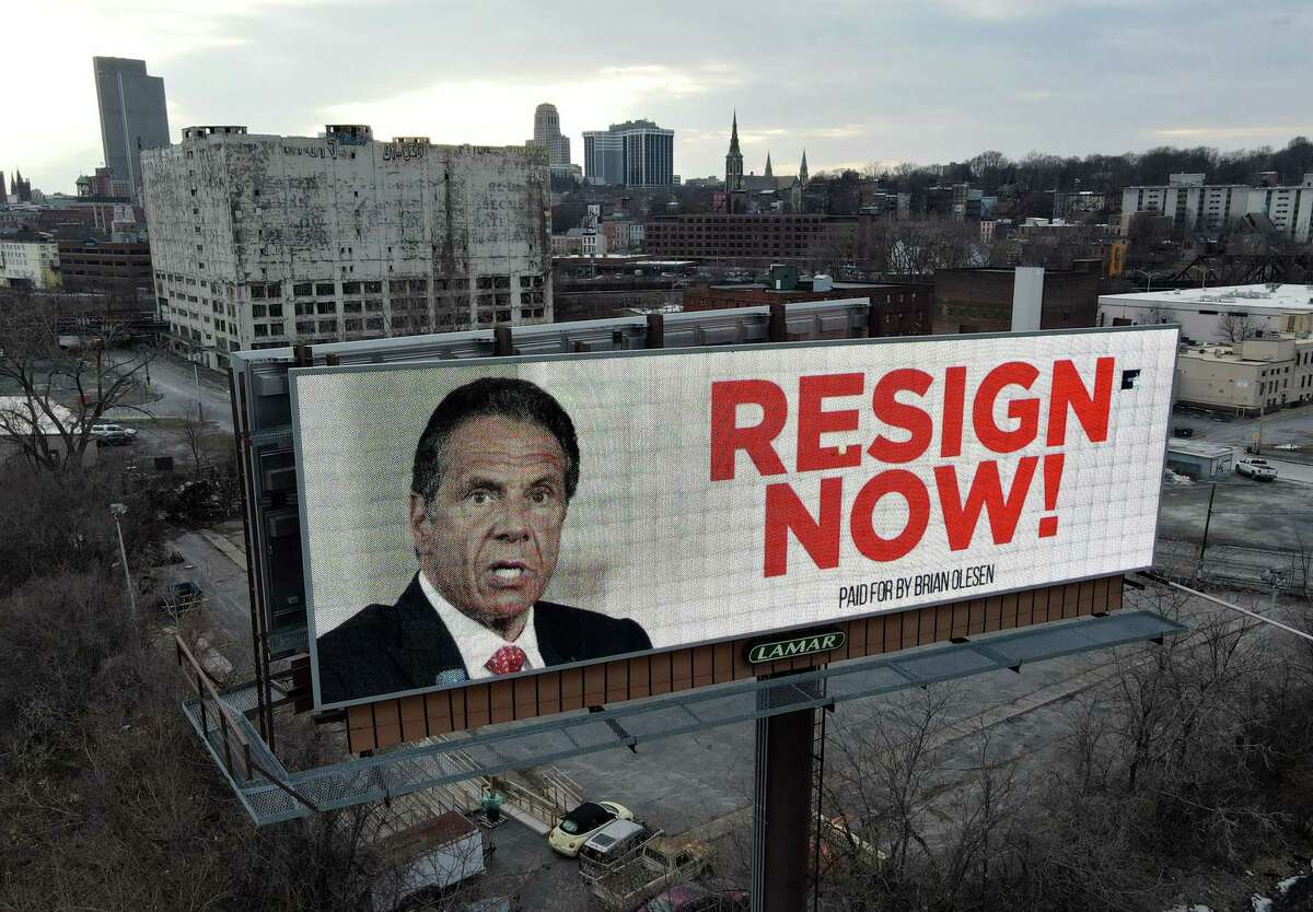 A billboard posted along I-787 calls for Gov. Andrew Cuomo to resign on Wednesday March 3, 2021, on Water Street at North Ferry in Albany N.Y. Gov. Cuomo on Wednesday apologized to the women he "offended," defended his actions as inadvertently making women uncomfortable and said he would not resign. (Will Waldron/Times Union)
