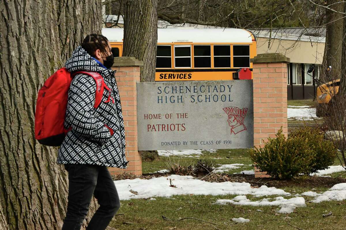 Students are seen leaving Schenectady High School as the school dismisses for the day on Wednesday, March 3, 2021 in Schenectady, N.Y. (Lori Van Buren/Times Union)