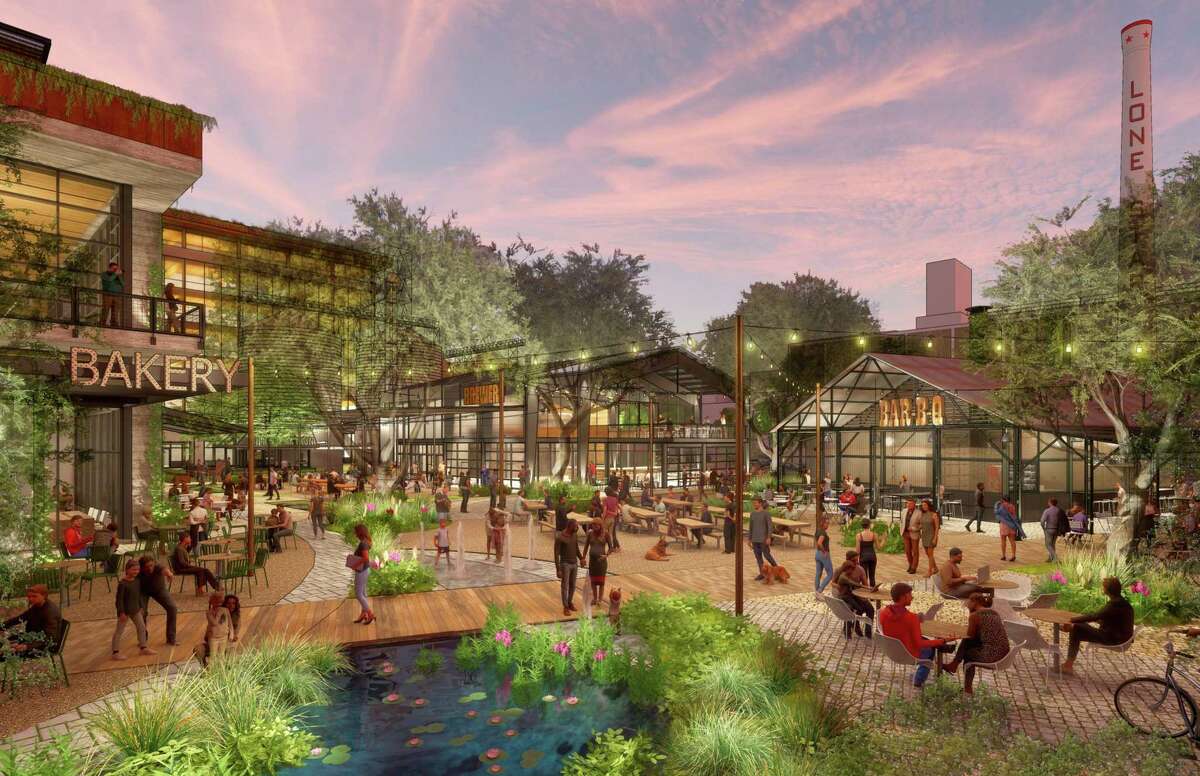 Renderings of the Lone Star District, a mixed-use development planned at the former Lone Star Brewery site.