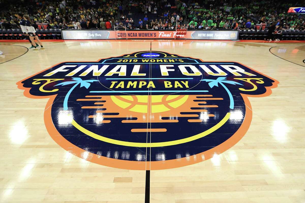 A view of the center court logo prior to the championship game of the 2019 NCAA Women's Final Four.