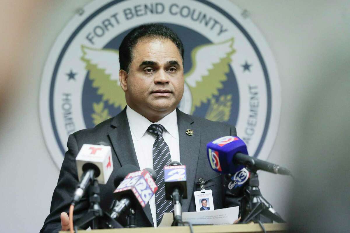 Fort Bend County Judge KP George addresses the media about the confirmation of the county's first presumptive positive case of COVID-19 during a press conference at the Ft Bend County Homeland Security and Emergency Management in Richmond, Texas on Wednesday, March 4, 2020.