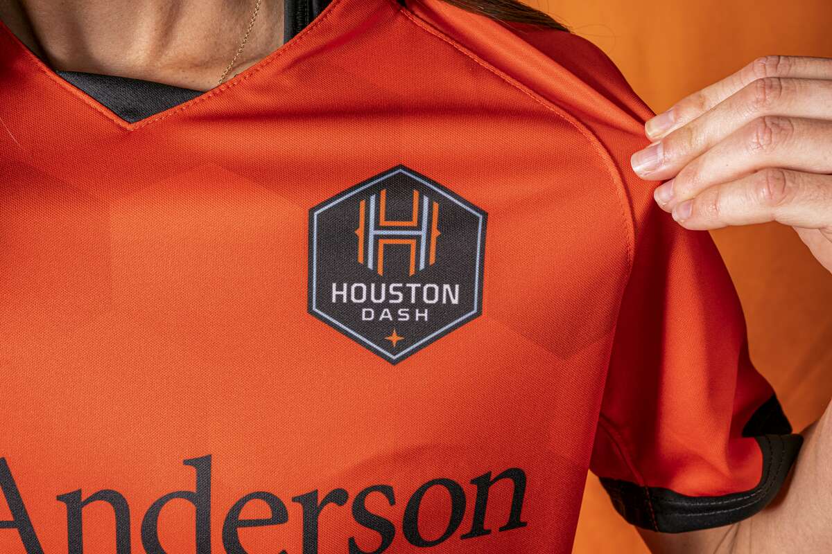 The new hexagonal Houston Dash logo on the front of the new shirts for the 2021 season.