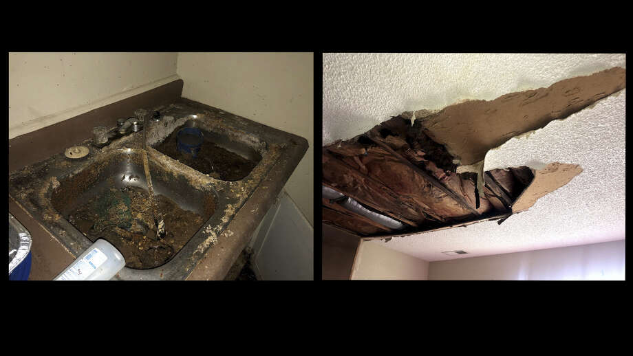 Inspectors from HUD photographed sewage in a sink and broken ceilings at Englewood Apartments in Kansas City.