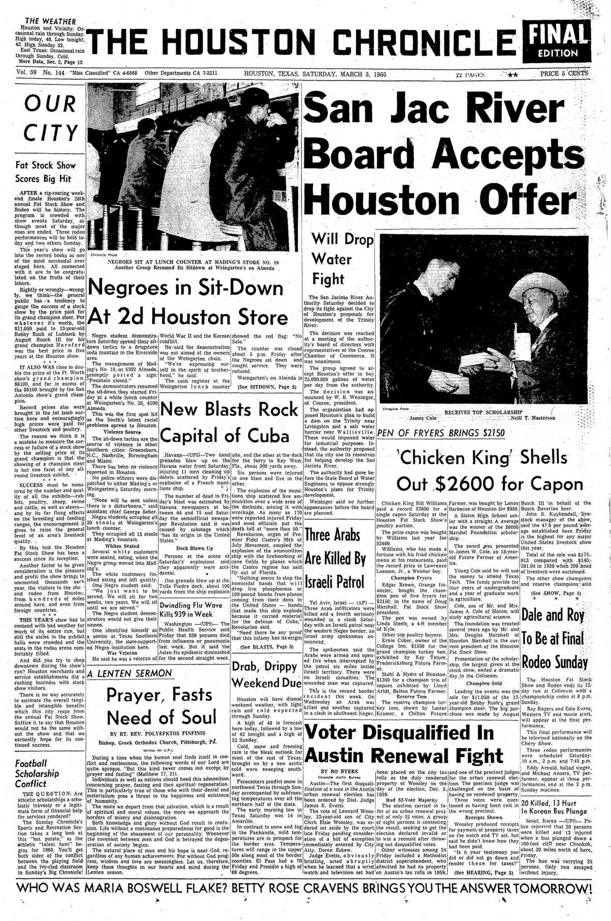 Houston Chronicle Page One March 5, 1960