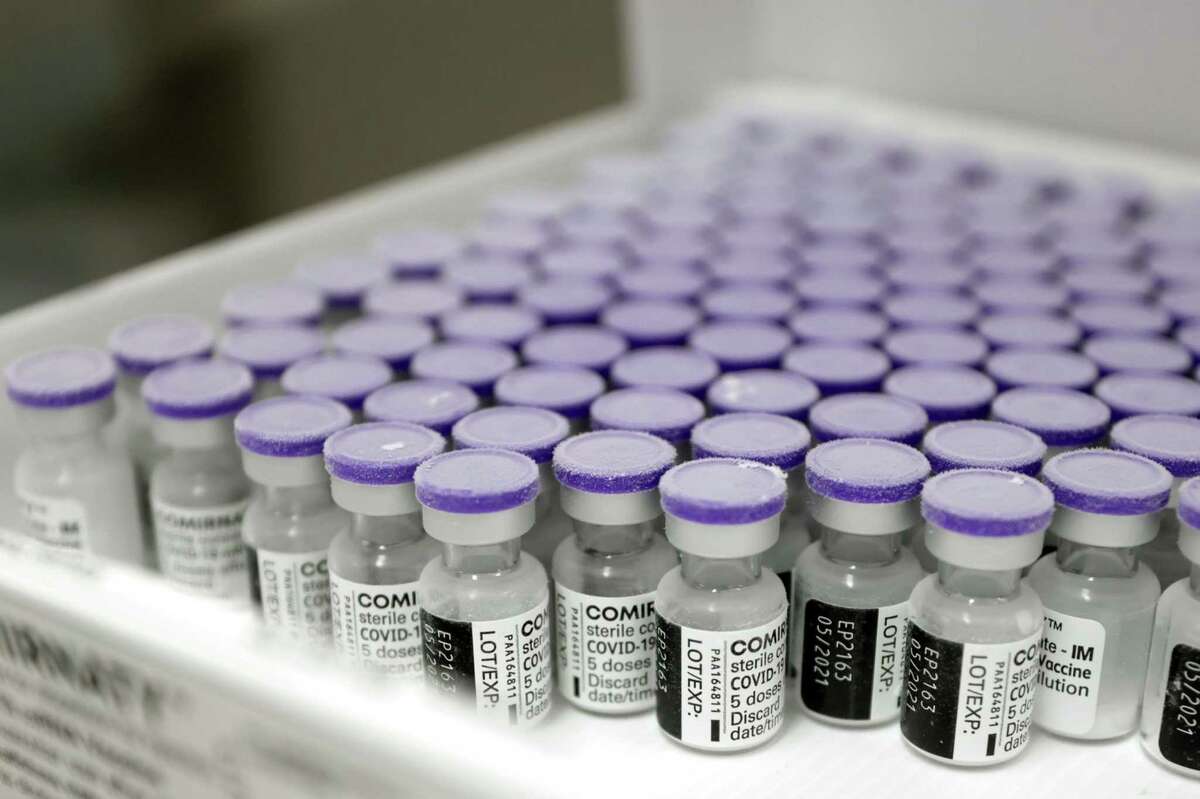 Vials of the Pfizer-BioNTech covid-19 vaccine in a box at Kanto Rosai Hospital in Kawasaki, Kanagawa Prefecture, Japan, on March 4, 2021.