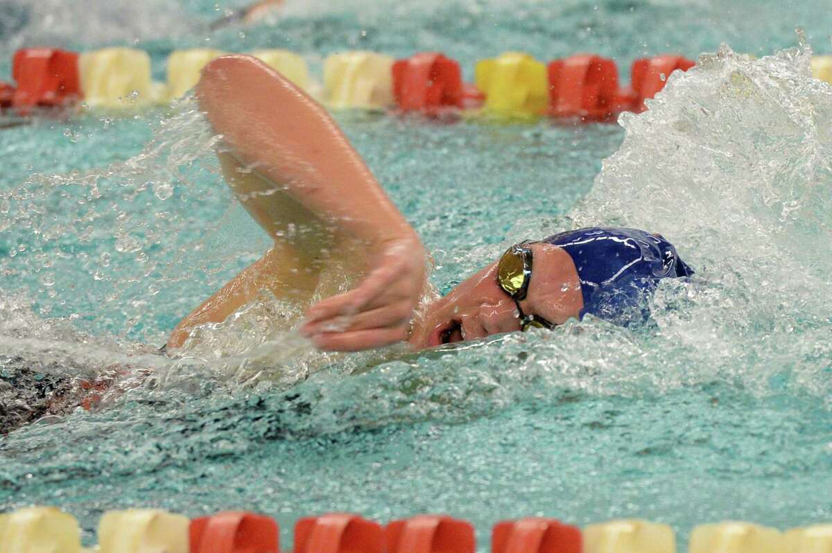 Maddie Welborn of the Seven Lakes Spartans competes in the girls 200 yard freestyle event during the District 19-6A Swimming and Diving Championships on January 18, 2020 at the Katy HS Natatorium, Katy, TX.