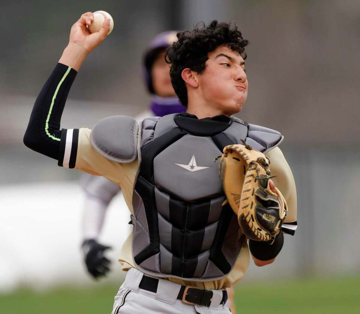 Conroe catcher Eli Medina (6) throws out Zach Marshall #4 of Jersey Village for a double play in the second inning of a game during the Ferrell Classic at Conroe High School, Friday, March 5, 2021, in Conroe.