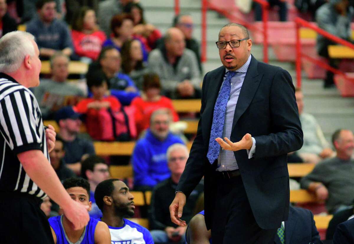 Central Connecticut Head Coach Donyell Marshall during men's college basketball action against Sacred Heart University in Fairfield, Conn. on Saturday Feb. 11, 2017.