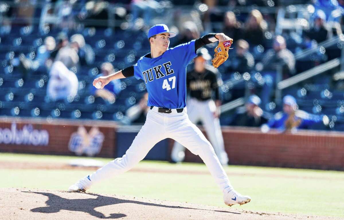 Duke pitcher Henry Williams, a graduate of Darien High School, fires in a pitch during a recent baseball game.