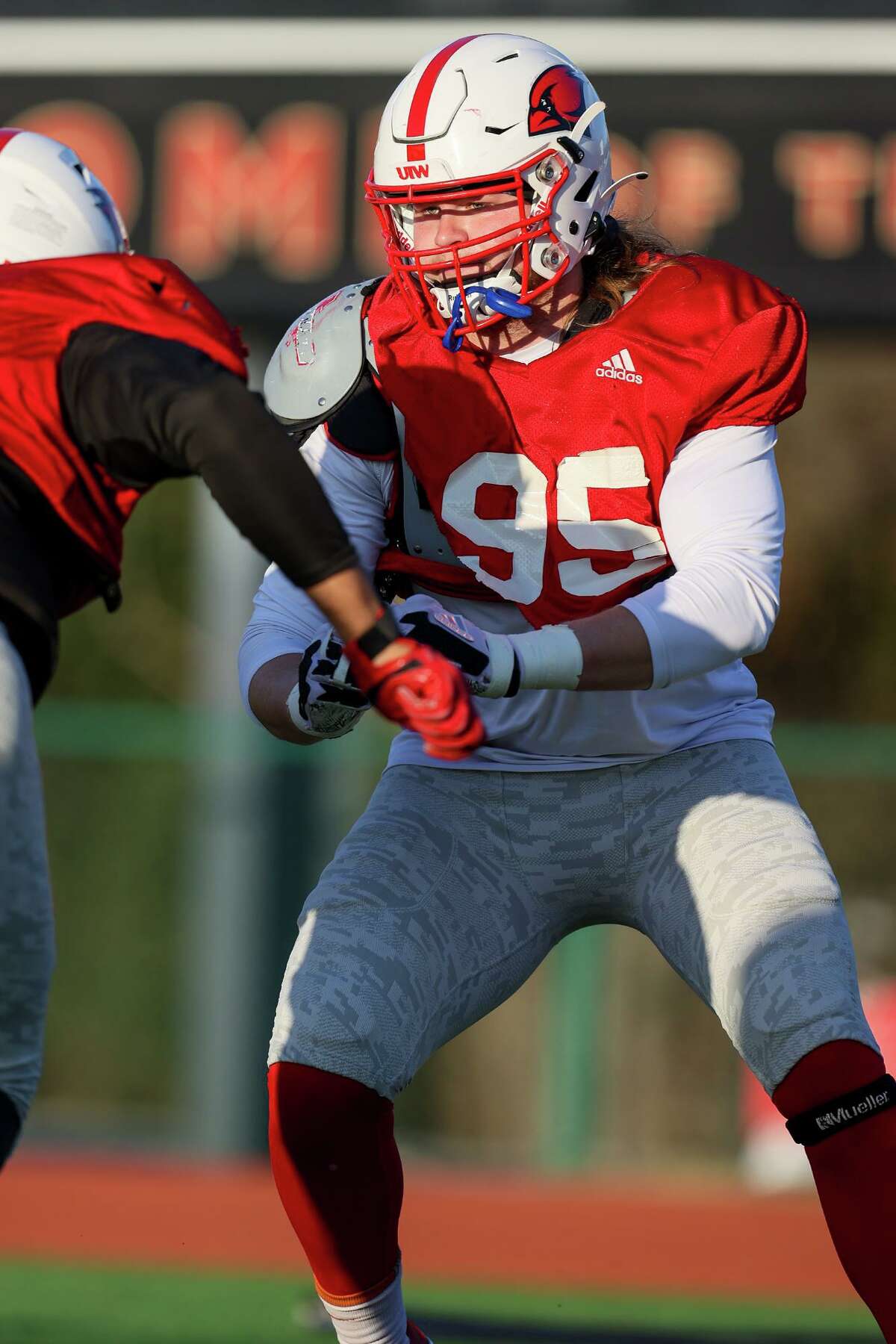 UIW defensive end Chance Main during a morning practice at Gayle and Tom Benson Stadium on Tuesday, Feb. 23, 2021. UIW plays its first game of the spring Southland Conference season Saturday at McNeese State.