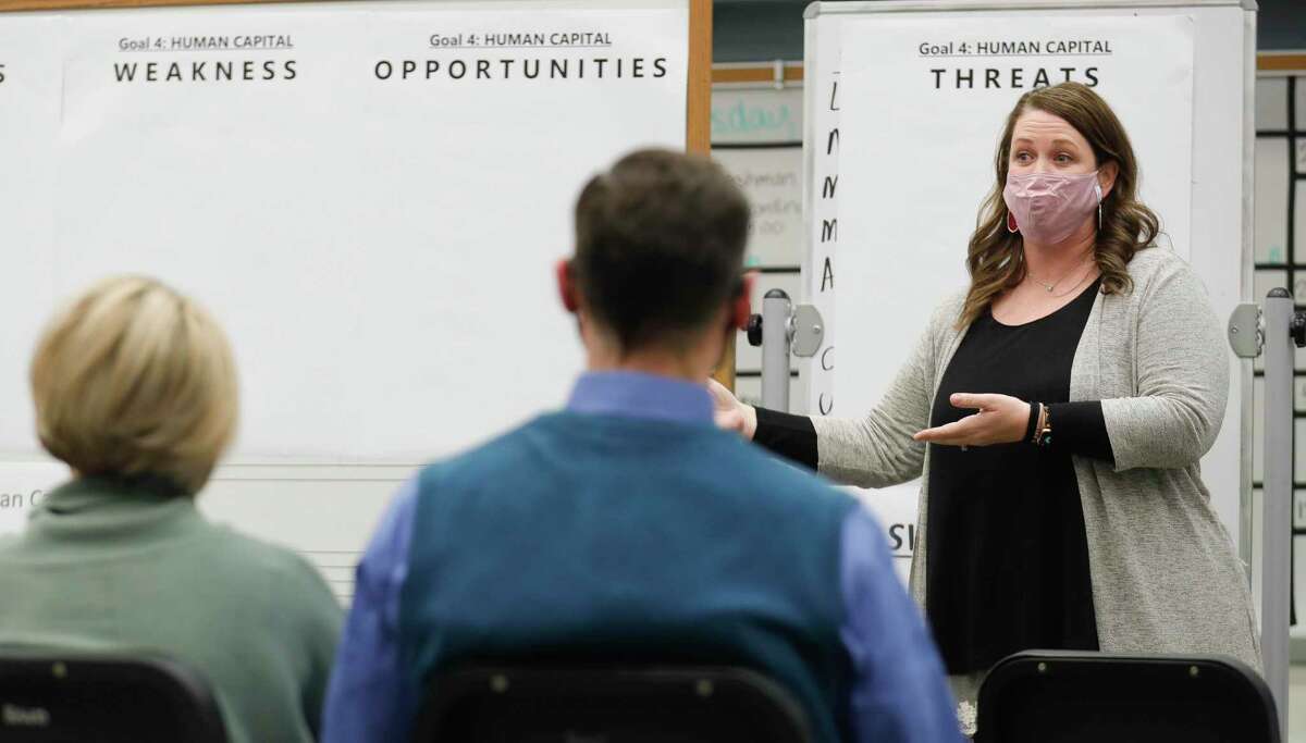 Madeley Ranch Elementary Principal Shelby Smith leads a breakout session during Montgomery ISD’s Town Hall, Thursday, Jan. 29, 2021, in Montgomery. The district held its first strategic planning meeting to serve as a guide for the district over the next three years.