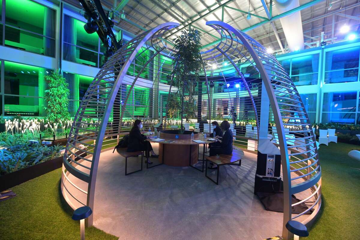 The courtyard at COVID-safe short-stay facility Connect@Changi in Singapore on Feb. 18, 2021.