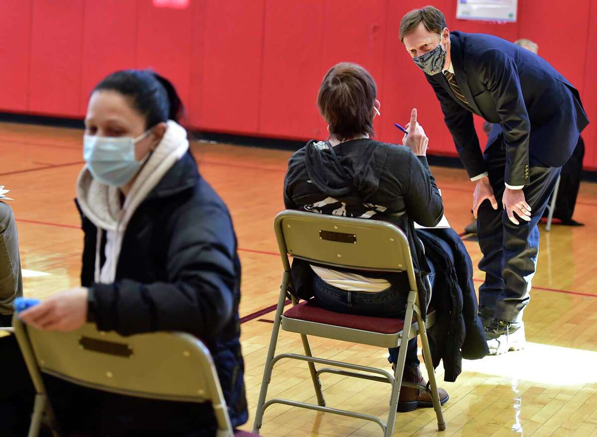 New Haven Mayor Elicker at the Wilbur Cross High School gymnasium Covid-19 mass vaccination site on March 3, 2021 for eligible New Haven Public Schools staff and teachers and other eligible individuals, administered through a collaboration between the New Haven Health Department and the Fair Haven Community Health Center.