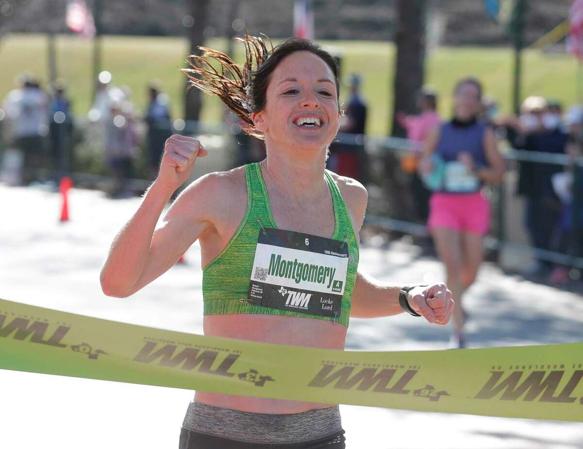 McKale Montgomery reacts after winning the women’s portion of The Woodlands Marathon, Saturday, March 6, 2021, in The Woodlands.