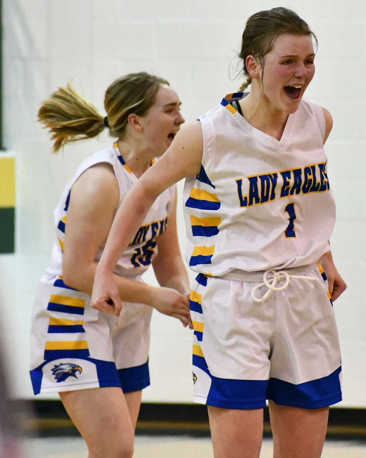 Emilee Hill (1) and Kately Morton react to the Lady Eagles punching their ticket to the state semifinals.