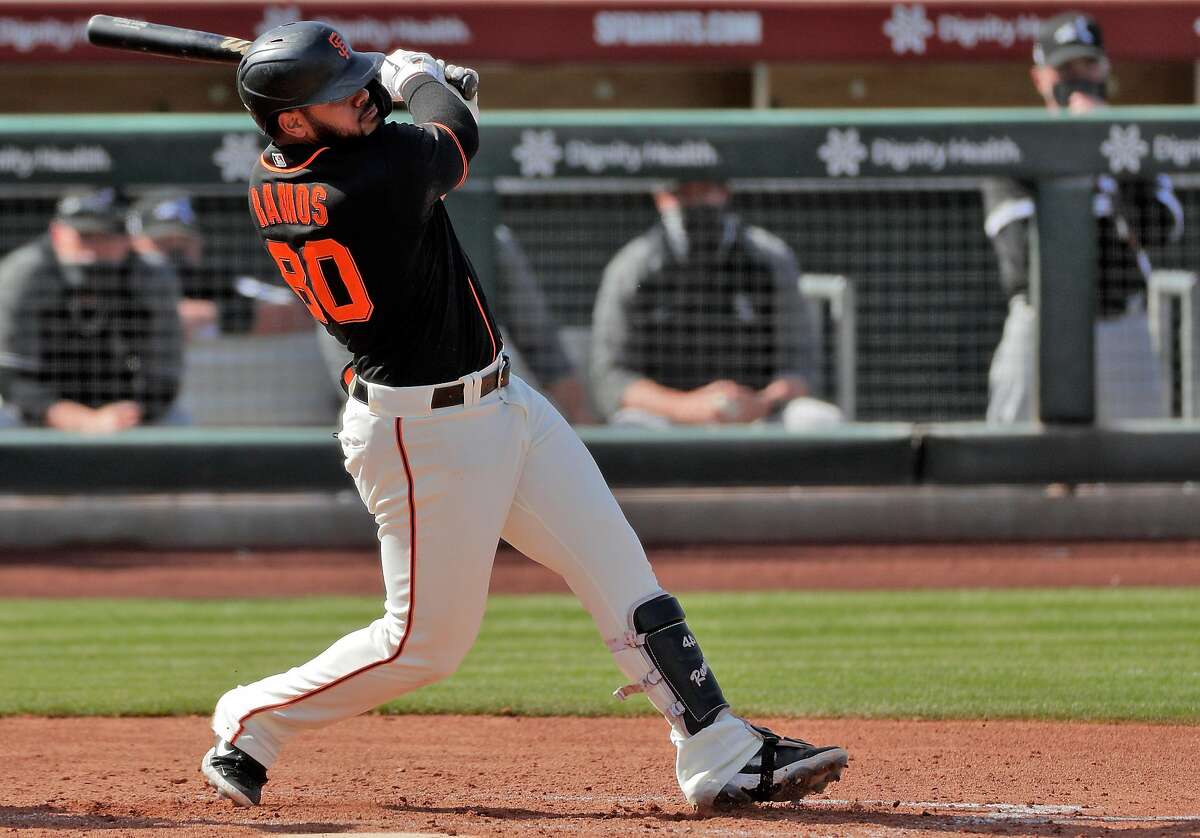 Heliot Ramos (80) of the San Francisco Giants at bat against the Chicago White So at Scottsdale stadium in Scottsdale, Ariz., on Thursday, March 4, 2021.